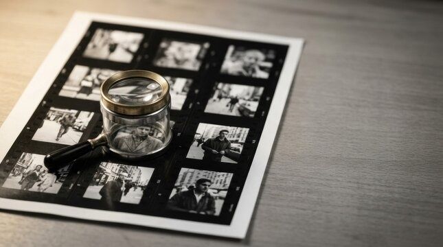 Lupa sobre una hoja de contactos fotográficos en blanco y negro